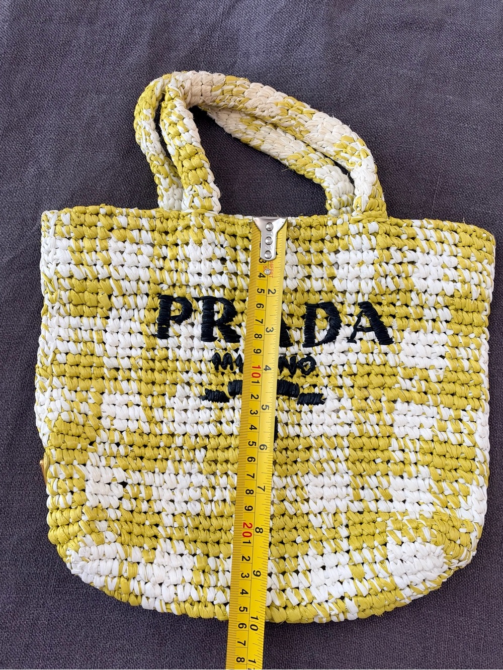 PRADA Authentic! Small Checked Raffia Logo Tote - Picture 12 of 16
